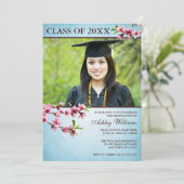 さくらんぼ花ヴィンテージブルー写真卒業 招待状 (スタンド正面)