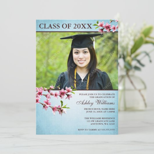 さくらんぼ花ヴィンテージブルー写真卒業 招待状 (スタンド正面)