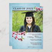 さくらんぼ花ヴィンテージブルー写真卒業 招待状 (正面/裏面)