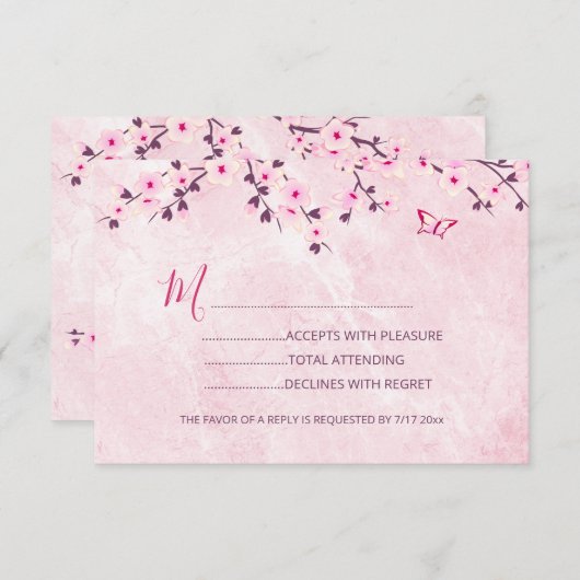 さくらんぼ花咲きピンクガールベビーシャワーRSVP 出欠カード (正面/裏面)