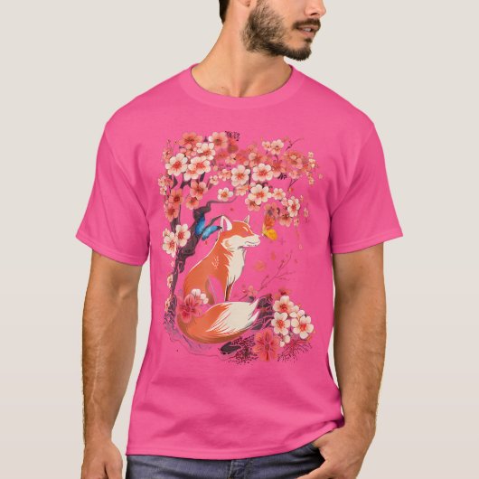さくらんぼ花桜かわいい日本のキツネ Tシャツ (正面)