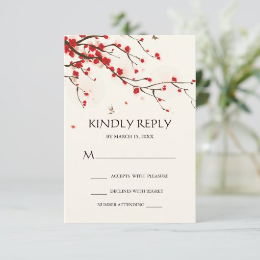 さくらんぼ花水彩フローラ結婚式RSVP 出欠カード (スタンド正面)