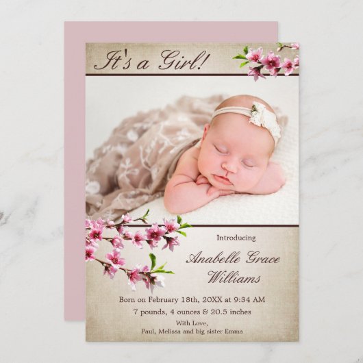 さくらんぼ花淡写真誕生発表 案内状 (正面/裏面)