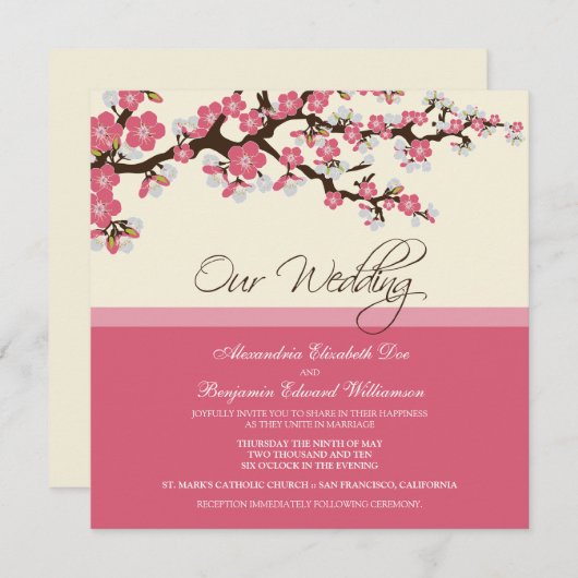 さくらんぼ花結婚式招待状（ピンク） 招待状 (正面/裏面)