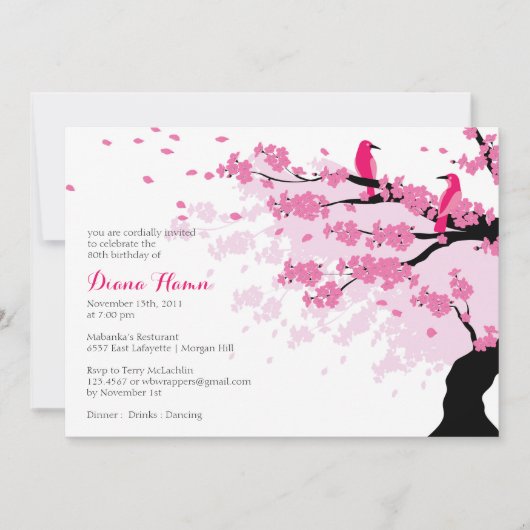 さくらんぼ花鳥付き誕生日招待状 招待状 (正面)