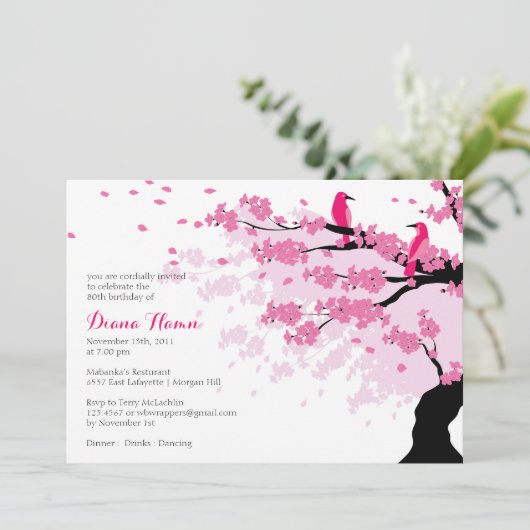 さくらんぼ花鳥付き誕生日招待状 招待状 (スタンド正面)