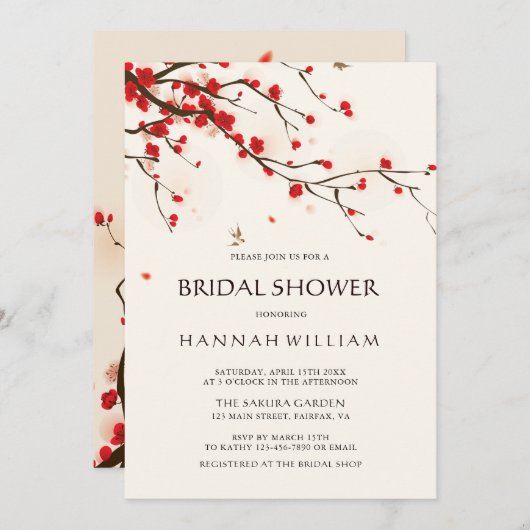 さくらんぼ花 |桜水彩ブライダルシャワー 招待状 (正面/裏面)