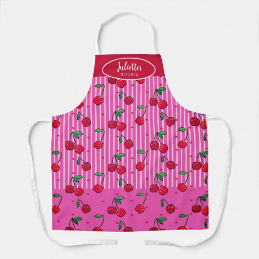 さくらんぼ赤いハートパターンピンクストライプ名前をカスタムする エプロン (正面)