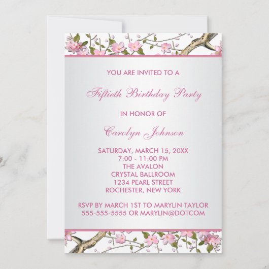 さくらんぼ開花50歳の誕生日パーティーへの招待 招待状 (裏面)