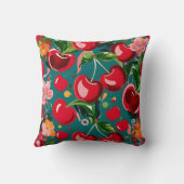 さくらんぼ鮮やかと花のティール（緑がかった色）背景 クッション (裏面)