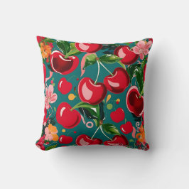 さくらんぼ鮮やかと花のティール（緑がかった色）背景 クッション
