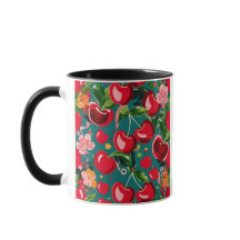 さくらんぼ鮮やかと花のティール(緑がかった色)背景