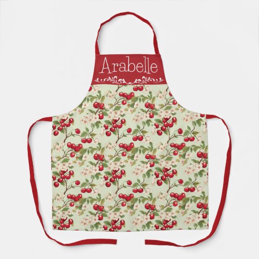 さくらんぼ鮮やかプリントエプロンオンクリーム エプロン (正面)