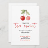 さくらんぼ2つの甘い水の色の女の子バースデーパーティー 招待状 (正面/裏面)