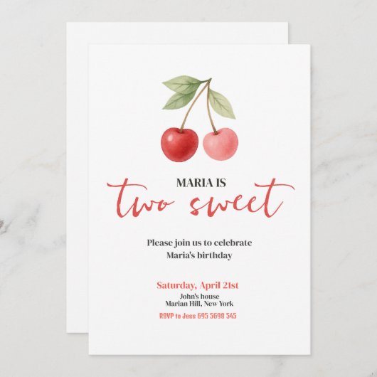 さくらんぼ2つの甘い水の色の女の子バースデーパーティー 招待状 (正面/裏面)