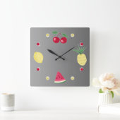 さくらんぼ、パイナップル、レモン、スイカの大塊 スクエア壁時計 (ホーム)