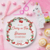 さくらんぼonトップリボンお洒落誕生日モノグラム ペーパープレート (パーティー)