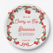 さくらんぼonトップリボンお洒落誕生日モノグラム ペーパープレート (正面)