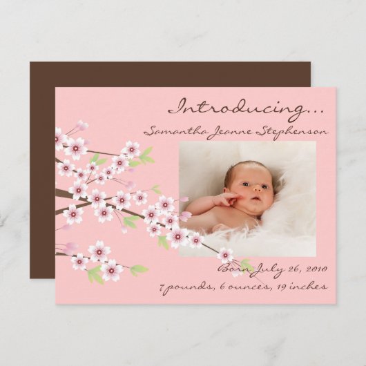 さくらピンクとブラウンの女の子誕生写真 案内状 (正面/裏面)