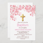 さくらピンクの花のクロス女の子洗礼 招待状 (正面/裏面)