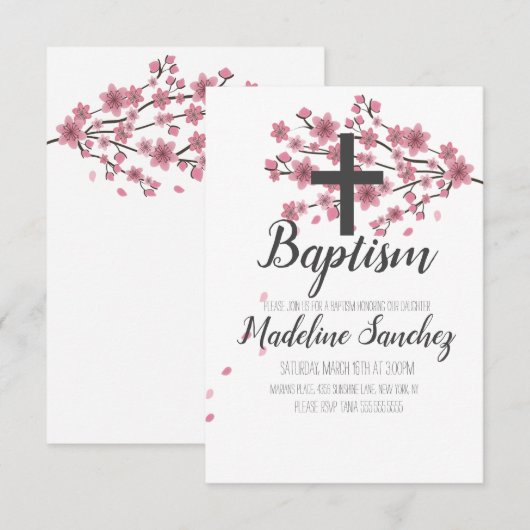 さくら チェリー ブルーム ピンク 洗礼 命名式 招待状 (正面/裏面)
