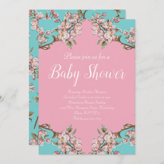 さくら ティール レトロ ビンテージ ベイビー シャワー 招待状 (正面/裏面)