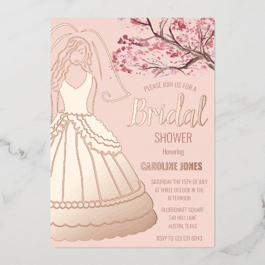 さくら ローズゴールド フォイル フラワープリント ドレス ブライダルシャワー 箔招待状 (正面)