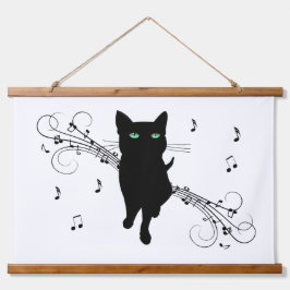 ささやくような音楽のノートに囲まれた黒猫 吊り下げ型タペストリー