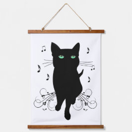 ささやくような音楽のノートに囲まれた黒猫 吊り下げ型タペストリー