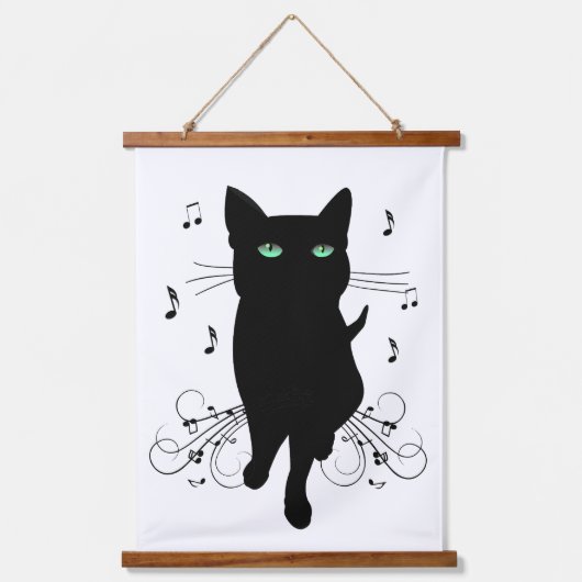ささやくような音楽のノートに囲まれた黒猫 吊り下げ型タペストリー (正面)
