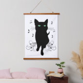 ささやくような音楽のノートに囲まれた黒猫 吊り下げ型タペストリー (寝室)