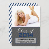 さっぱりとしたストライプの卒業発表（濃い青） 案内状 (正面/裏面)