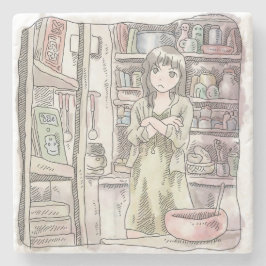 さないごじ 部屋の大きな雑貨棚の前で、腕組みをして顔を顰めて考え込む女性のイラスト ストーンコースター