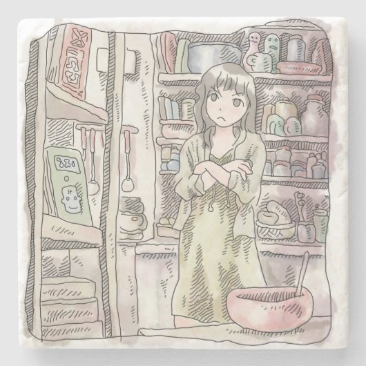 さないごじ 部屋の大きな雑貨棚の前で、腕組みをして顔を顰めて考え込む女性のイラスト ストーンコースター (正面)