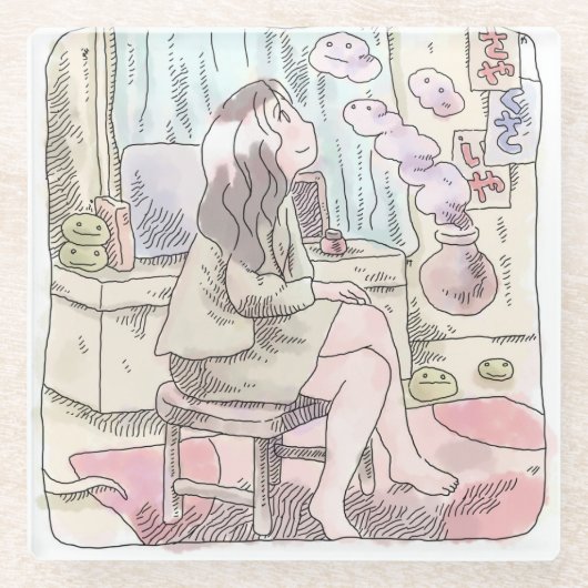 さないにじ　薄い茶色のお部屋で、椅子に座ってもくもくした煙を見上げる女性のイラスト ガラスコースター (正面)
