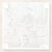 さないにじ　薄い茶色のお部屋で、椅子に座ってもくもくした煙を見上げる女性のイラスト ガラスコースター (裏面)