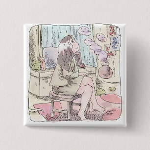 さないにじ 薄い茶色のお部屋で、椅子に座ってもくもくした煙を見上げ 缶バッジ