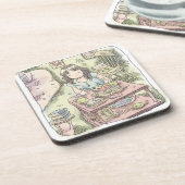 さないやじ　散らかったお部屋の雑貨の置いてある棚を片付ける女性のイラスト コースター (左側)