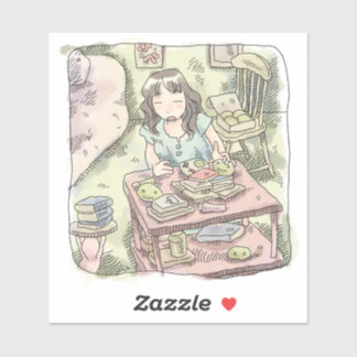 さないやじ 散らかったお部屋の雑貨の置いてある棚を片付ける女性のイラスト シール
