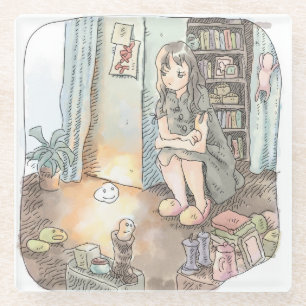 さなくいじ お部屋でしゃがんで床でほんのり光っている物体を見つめている女性のイラスト ガラスコースター