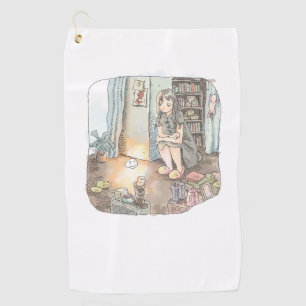 さなくいじ  お部屋でしゃがんで床でほんのり光っている物体を見つめている女性のイラスト ゴルフタオル