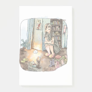 さなくいじ　お部屋でしゃがんで床でほんのり光っている物体を見つめている女性のイラスト ポストイット
