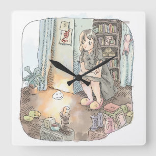 さなくいじ　お部屋でしゃがんで床でほんのり光っている物体を見つめて スクエア壁時計