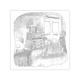 さなくくじ 大きなテーブルのある明るく広い部屋で箪笥の引き出しを開ける女性のイラスト セルフインキングスタンプ