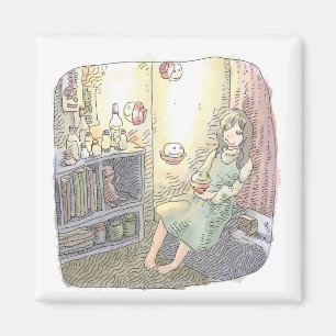 さなくごじ 薄暗いお部屋で柔らかい光を放つ浮いている物体と座っている女性のイラスト マグネット