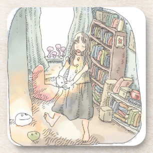 さなくにじ 窓のあるお部屋で淡い光を放つ物体を持って踊る女性のイラスト コースター