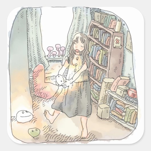 さなくにじ 窓のあるお部屋で淡い光を放つ物体を持って踊る女性のイラスト スクエアシール (正面)