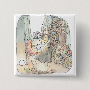 さなくにじ 窓のあるお部屋で淡い光を放つ物体を持って踊る女性のイラスト 缶バッジ