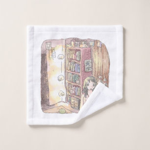 さなくむじ 薄暗いお部屋で本棚のそばに浮いているぼんやり光る物体と女性のイラスト ウォッシュタオル