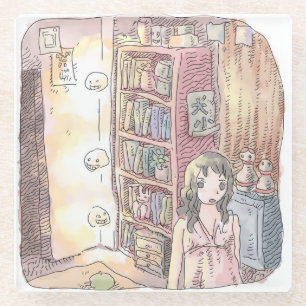 さなくむじ 薄暗いお部屋で本棚のそばに浮いているぼんやり光る物体と女性のイラスト ガラスコースター